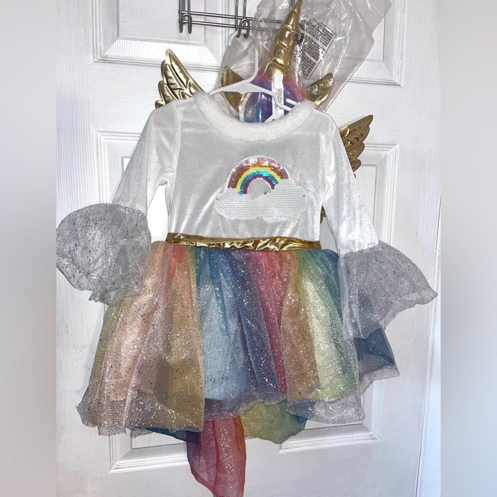 NEW*Girl’s unicorn dress With Golden Wings and Head Band 2-3T 100% Polyester - Picture 2 of 6
